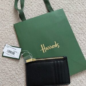 Harrods Black Leather Zip Card Wallet with Gold Hardware